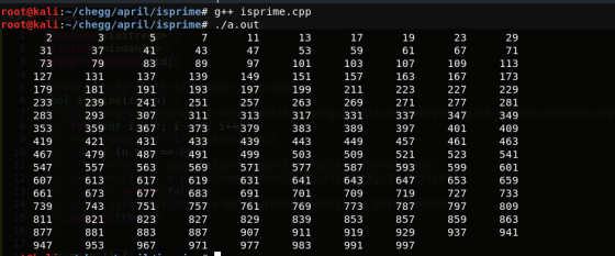 root@kali.-/HomeworkLib/april/isprime# g++ isprime.cpp root@kali.-/HomeworkLib/april/isprime# ./a.out 3 101 103 157 211 269 331 389 449 5