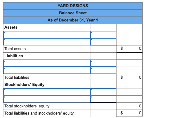 YARD DESIGNS Balance Sheet As of December 31, Year 1 Assets Total assets Liabilities Total liabilities Stockholders Equity Total stockholders equity Total liabilities and stockholders equity