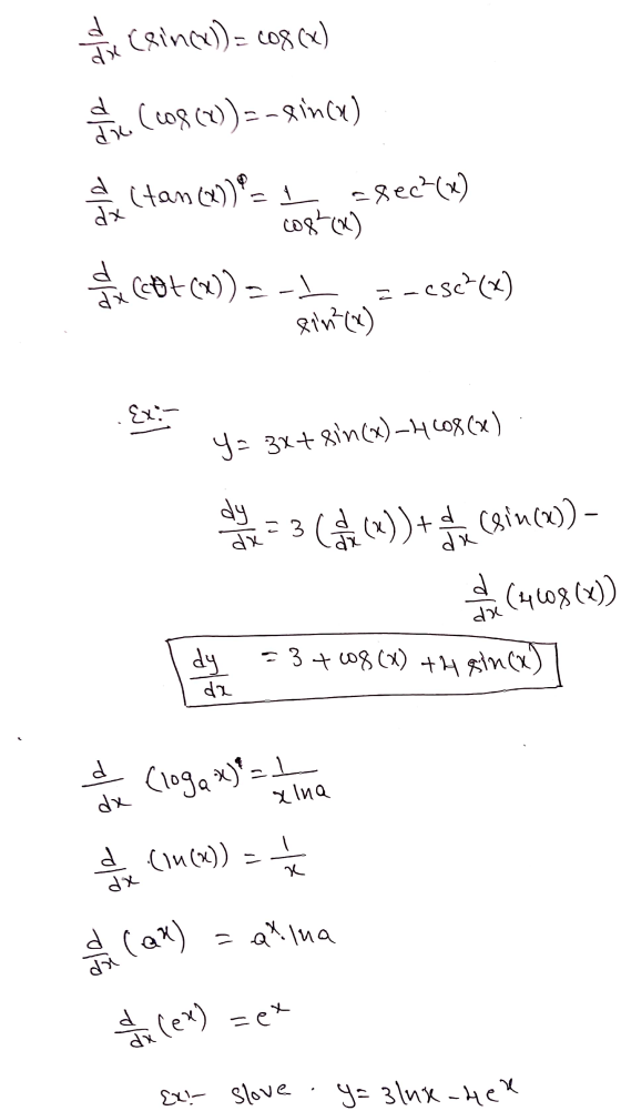 a b Crinc)) = cos(x) dow (109 (_)) = -inca) de chan(A)= 28ec4x) cog? (x) da CBF(x)) = -1,3-45c?(x) Y- 3x + sin(x) – H608(x).