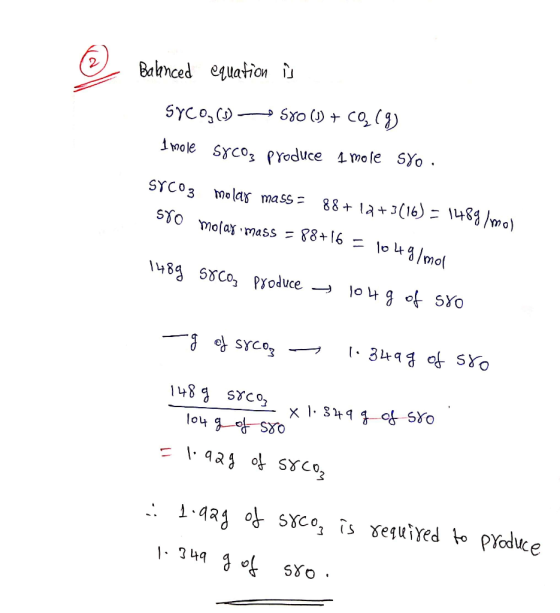 Banced equation SyCos CD Iwole Syco eYoduce 4mole SYo 88+ la3(16) 1489 /mo) SYCO3 molas mass= S0 molay mass = 88+16 lo t/mol