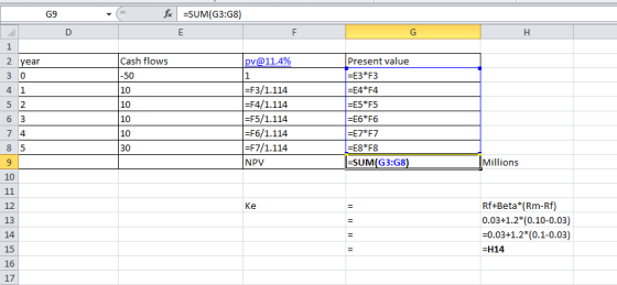 f SUM(G3:G8) G9 Е F G Н 1 Cash flows pv@11.4% Present value 2 year 3 о |-ЕЗ*ЕЗ -50 1 - F3/ 1.114 =F4/1.114 |=F5/1.114 =F6/1.1