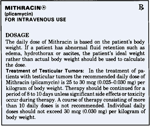 MITHRACINO (plicamycin) FOR INTRAVENOUS USE DOSAGE The daily dose of Mithracin is based on the patients body weight. If a pa
