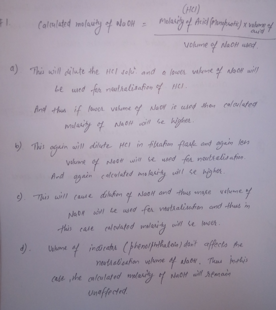 (HCI) Molarity of Acid (monobrotic) x volume of Fl. Calculated molarity of ala OH - auct volume of Nach used a). b). This wil