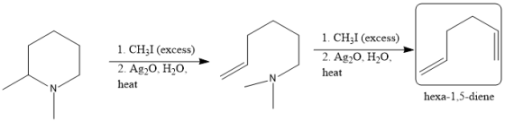 1. CH3I (excess) 1. CH3 ) 31 (excess 2. Ag2O, H 0. heat heat hexa-1,5-diene