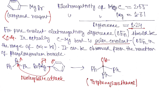 I Mg Br Electronegatpulty Of M e = 2055 (Gorognard reagent) a Mg = 1.31 Depperence = 1.24. For pure covalent electronegativit