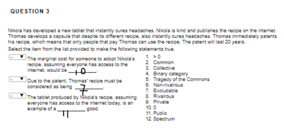 QUESTION 3 Nikola has developed a new tablet that instantly cures headaches. Nikola is kind and publishes the recipe on the internet. Thomas develops a capsule that despite its different recipe, also instantly cures headaches. Thomas immediately patents his recipe, hich means that only people that pay Thomas can use the recipe. The patent will last 20 years Select the item from the list provided to make the following statements true The marginal cost for someone to adopt Nikolas recipe, assuming everyone has access to the internet, would be 2. Common 3. Collective 4. Binary category 5. Tragedy of the Commons . Non-rivalrous 7. Excludable Due to the patent. Thomas recipe must be considered as being The tablet produced by Nikolas recipe, assuming .Rivalrous 9. Private 10.0 11. Public 12. Spectrum everyone has access to the internet today, is an example of a good