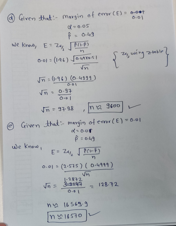 @ Given that - margin of enor (E) = groot 0.01 d =0.05 Î = 0.49 we know, E = Zadly n s za wing etable? 0.01 = (1.96) √ 0.49X0