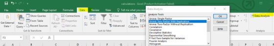 日勺. calculations Excel (Product Activation Failed) Data Analysis Analysis Tools View Tell me what you wa Home InsertPage Layo