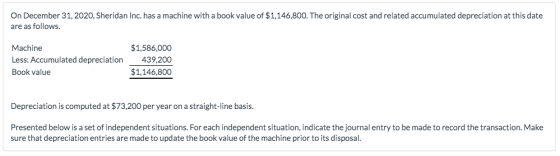 On December 31, 2020, Sheridan Inc. has a machine with a book value of $1,146,800. The original cost and related accumulated