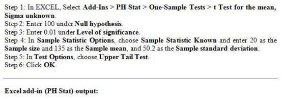 Step 1: In EXCEL, Select Add-Ins > PH Stat > One-Sample Tests > t Test for the mean, Sigma unknown. Step 2: Enter 100 under N