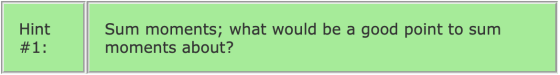 Hint #1: Sum moments; what would be a good point to sum moments about?