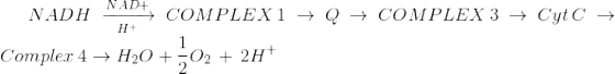NADH NAD+ H+ COMPLEX1 + Q → COMPLEX 3 → Cyt + Compler 4 + H2O +502 + 2H+
