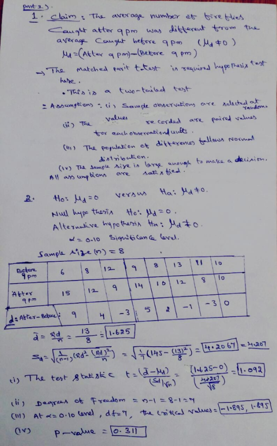 part 2) 1. claim. The average number of fireflies Caught atter qpm was different from the average Caught before 9 pm Md 40 )