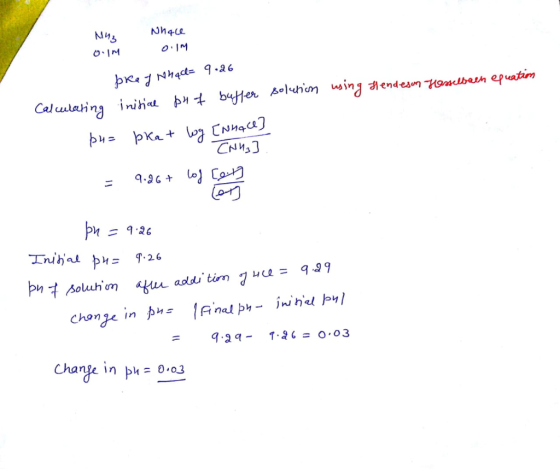 M43 Nhace 0.IM O.IM solution using Hendeson Hasselbach equation brey Nhace= 9.26 Calculating initial pH of buffer pu= pka + l