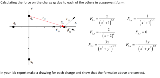 Calculating the force on the charge qo due to each of the others in component form: 1.y А,-0 10 2*(x+2 2,x 3x 3 3/2 x +y In your lab report make a drawing for each charge and show that the formulae above are correct.