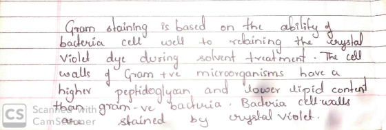 Gram staining is based on the ability of bacteria cell well to relaining the crystal violet dye during solvent treatment. The