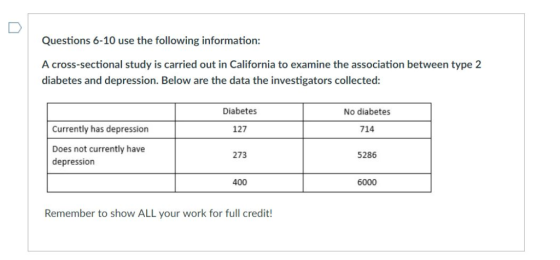 Questions 6-10 use the following information A cross-sectional study is carried out in California to examine the association