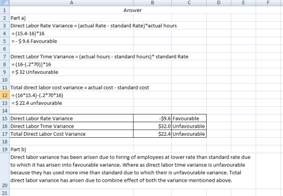 A. E F 1 Answer 2 Part a) 3 Direct Labor Rate Variance (actual Rate standard Rate)*actual hours 4(15.4-16) 16 - - $ 9.6 Favou