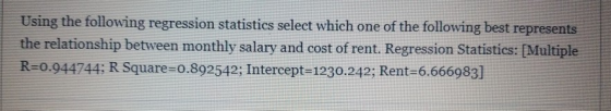 Using the following regression statistics select which one of the following best represents the relationship between monthly