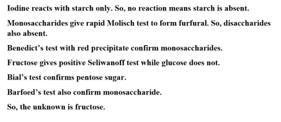 Iodine reacts with starch only. So, no reaction means starch is absent. Monosaccharides give rapid Molisch test to form furfu