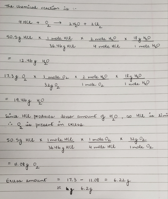 The chemical reaction is : чHC + 0 — 2 но + 2 и 50.5 9 цах x Twole нa 56.чья Н. 2 molu ңo x 18 x 40 Чо на Twou no = 12 46 x 4