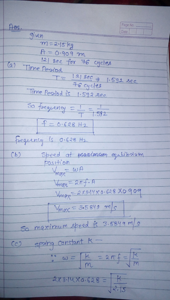 Page No. करलू iven m2.15k9 Date A=0.909 m 121 see for 6 Cycles Ca Time Peatod 121 sec +6 Cyclts Time Peaiodis 1592 sec 1592 s