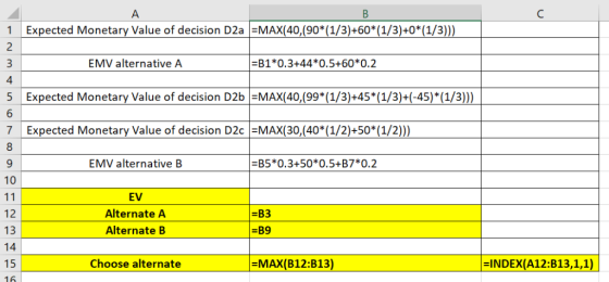 Expected Monetary Value of decision D2a EMAX(40,(90*(1/3)+60 (1/3)+0* (1/3))) 2 1 EMV alternative A B1 0.3+44*0.5+60 *0.2 4 5