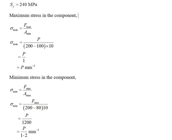 S, = 240 MPa Maximum stress in the component, F max max Amin = Р (200 - 100)x10 max P 1 = P mm? Minimum stress in the compone