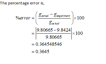 The percentage error is, Sanal - Sexperiment %error = 1x 100 Sachal 9.80665-9.8424 x 100 9.80665 = 0.364548546 = 0.3645