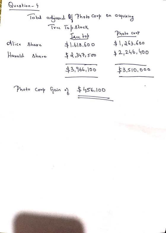 Question-4 dlice Harold Total adjused by Photo Corp on acquiring True Top&lock Free top Photo corp Share $1,618,60 0 $1,263.6