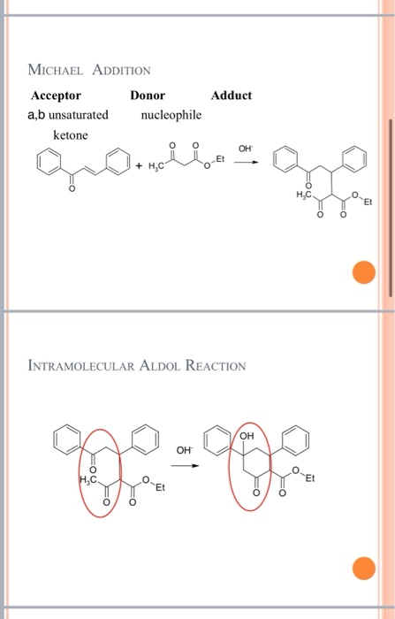 MICHAEL ADDITION Acceptor Donor a,b unsaturated nucleophile ketone Adduct он INTRAMOLECULAR ALDOL REACTION