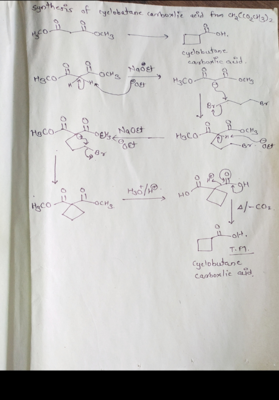 synthesis of cyclobutane carboxlic acid from cha CCO, CH3)2 Осүз H3COů cyclobutane carboxlic aud, 9 ocho Naoet H₃cOē. -ocha i