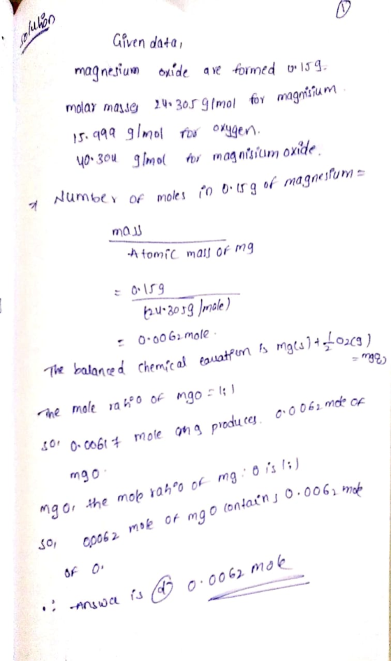 mu lo Given data, magnesium oxide are formed 1159. molax masse 24.305 g/mol for magnisicum 15. 999 g/mol for oxygen. 40.30u I