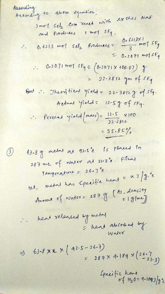 0.6213X 1 According to above egnation, excess Nat 3 mol seh can react with and produces mot SFq. 2 0. 6213 mol sela produces