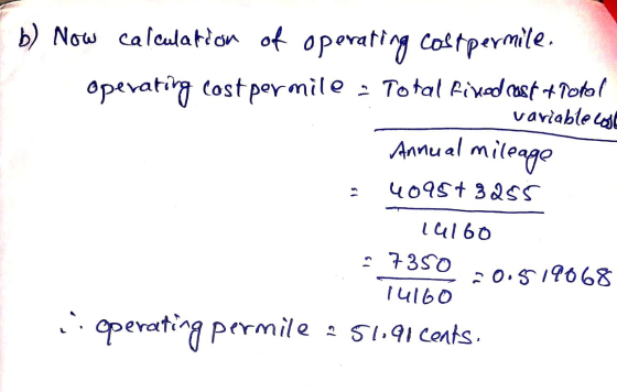 b) Now caleulatian of operating cottpermile. opevati cost por mile : Total RivedastPotol variable lo Imileago Annual 409St 3a