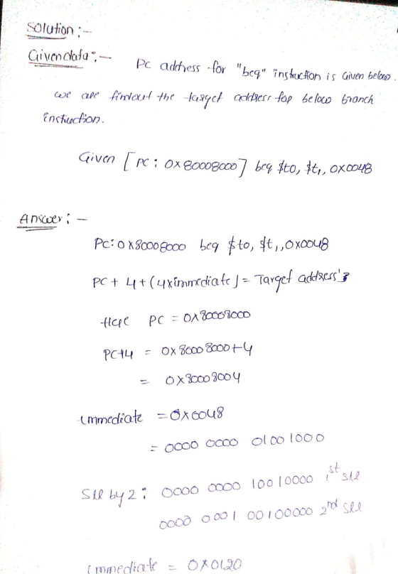 Solution : - Givendata, PC address for beq instruction is given beloos. fim xet the fa89c7 coldress for below We ale înstru