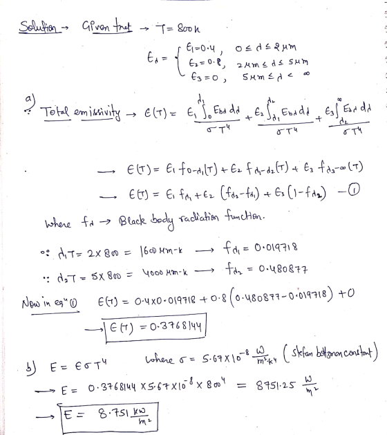 Solution - Given that x=800k El=0:4, os dequm to = Eq=0.8, Ez = 0, sume de 2eme de sum % Total emissivity e(t) = E, Ended t