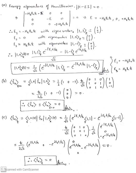 tuet RD (a) Energy eigenvalues of Hamiltonian, IH-EI) 20. · |-Mg Bato - e 0 0 0 - E 30 % E = -MeBo to 0 -E+Mg Botil E. E, =-M