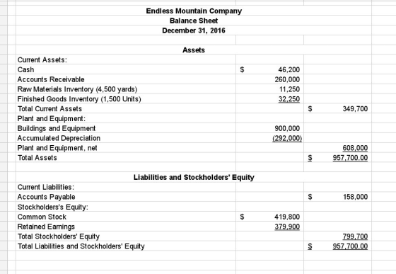 Endless Mountain Company Balance Sheet December 31, 2016 Assets 46,200 260,000 11,250 32,250 Current Assets: Cash Accounts Re
