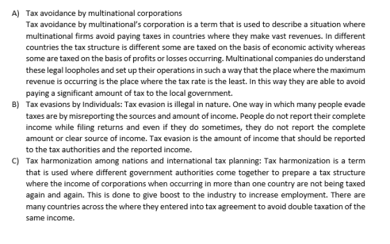 A) Tax avoidance by multinational corporations Tax avoidance by multinationals corporation is a term that is used to describ