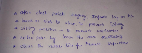 after clerk palate surgery Infant lay on his a back ar ziele to sleep, to preverk isjury a Sitting 7 position. position to pr