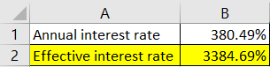 А. 1 Annual interest rate 2 Effective interest rate B 380.49% 3384.69%