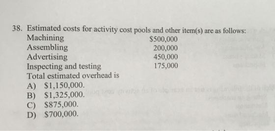 38. Estimated costs for activity cost pools and other item(s) are as follows: Machining $500,000 Assembling 200,000 Advertisi