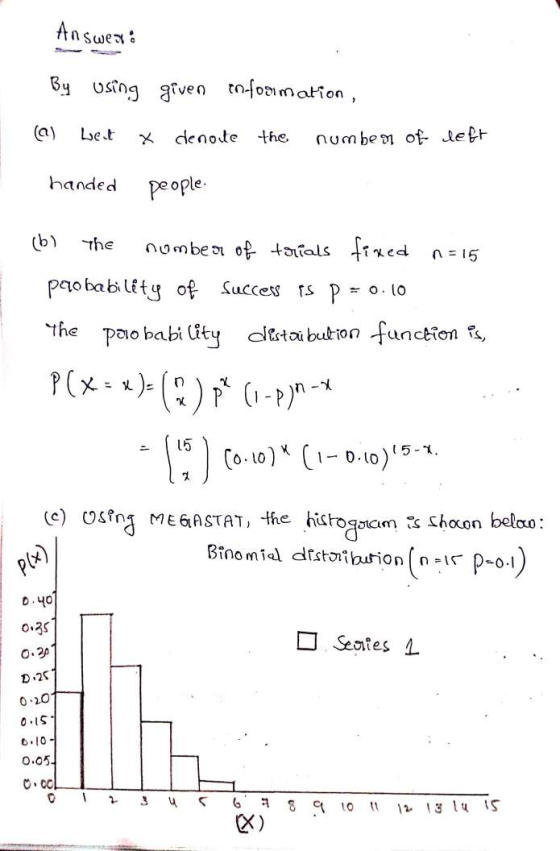 Answer: By using given information, (a) weet x denote the number of left handed people. (b) the number of trials fixed n = 15