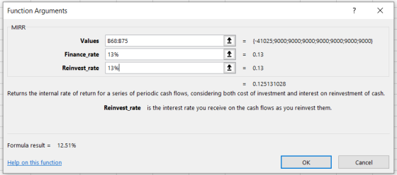 Function Arguments MRR t(-41025:9000:9000:9000:9000:9000:9000:9000) Values B68:B75 0.13 Finance-rate 13% 10.13 Reinvest-rate
