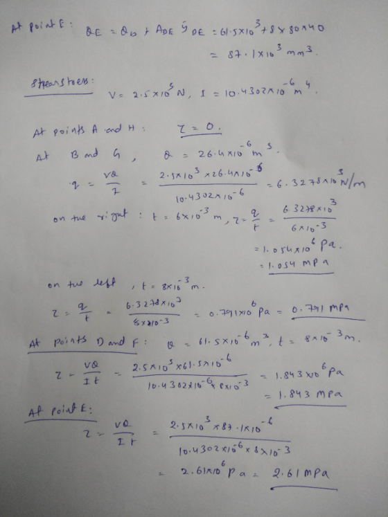 At point & QE = dat ADE S DE = 61.5x10 3 + 8x gonno = 87.1x103 mm3. strearstoess: -64 V= 2.58 10 N, 1 =10.4302810 m . At At p