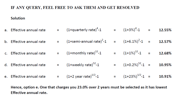 IF ANY QUERY, FEEL FREE TO ASK THEM AND GET RESOLVED Solution a. Effective annual rate (1+quarterly rate)4-1 (1+3%)4-1 12.55%