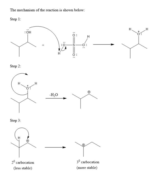 The mechanism of the reaction is shown below: Step 1 Н н OH Н O O: Step 2: -Н,о Step 3 30 carbocation 20 carbocation (more st