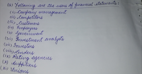 C (a) Following are the users of financial statements : (is Company management lii) competitoud Ling customers liu) Employees
