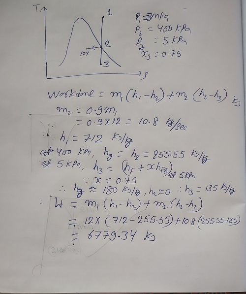 Pompa P = 400 kPa - 5kpa X₂ = 0.75 work done = m, Chi-ha) + m2 (haha) ka m₂ = 0.9m, 1 = 0.9 x 12 = 10.8 kg h = 712 Kylig at 4